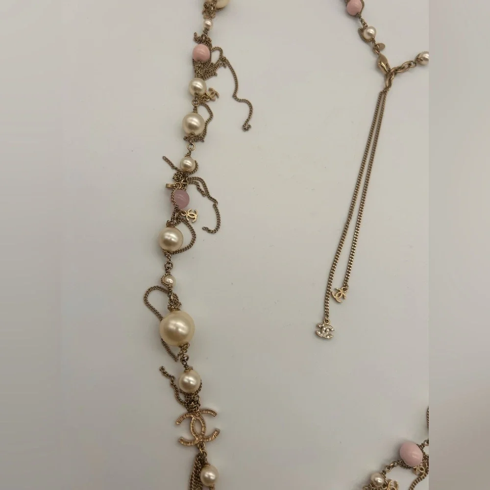 Chanel 100% Authentic Pearl 3 Large CC Long Necklace Silver Pink Tone 20 Inch